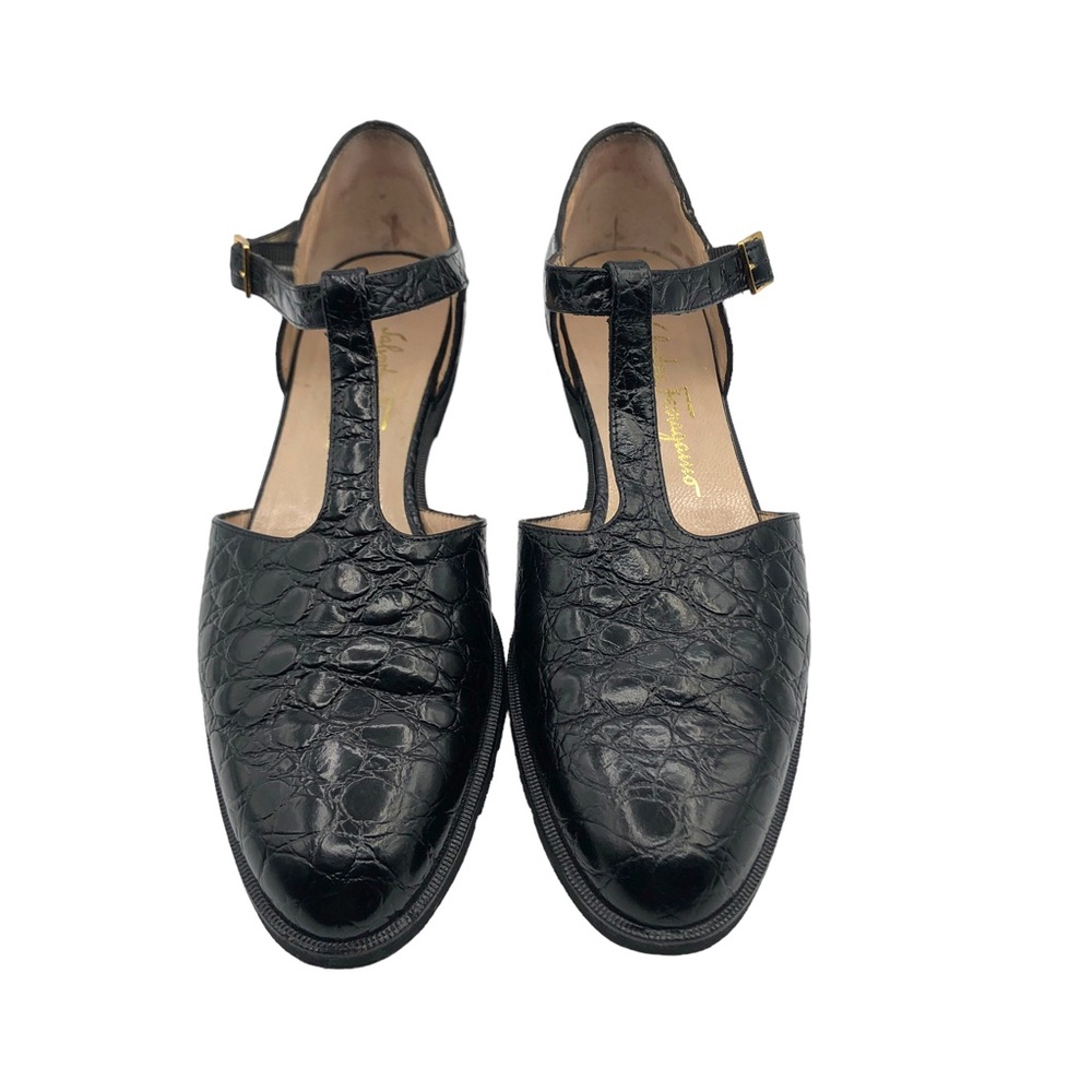 Salvatore Ferragamo Shoes 9 2A t-strap Mary Jane Black Croc Leather Brass Buckle
